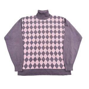 VTG Burberry Golf Mens Argyle Turtleneck Sweater Purple Pink Cotton Knit Large